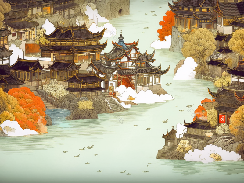 河两边宏伟壮观的古代高楼古建筑古塔植被传统中式插画背景,插画/手绘图,插画/手绘图库,插画/手绘图下载,插画/手绘